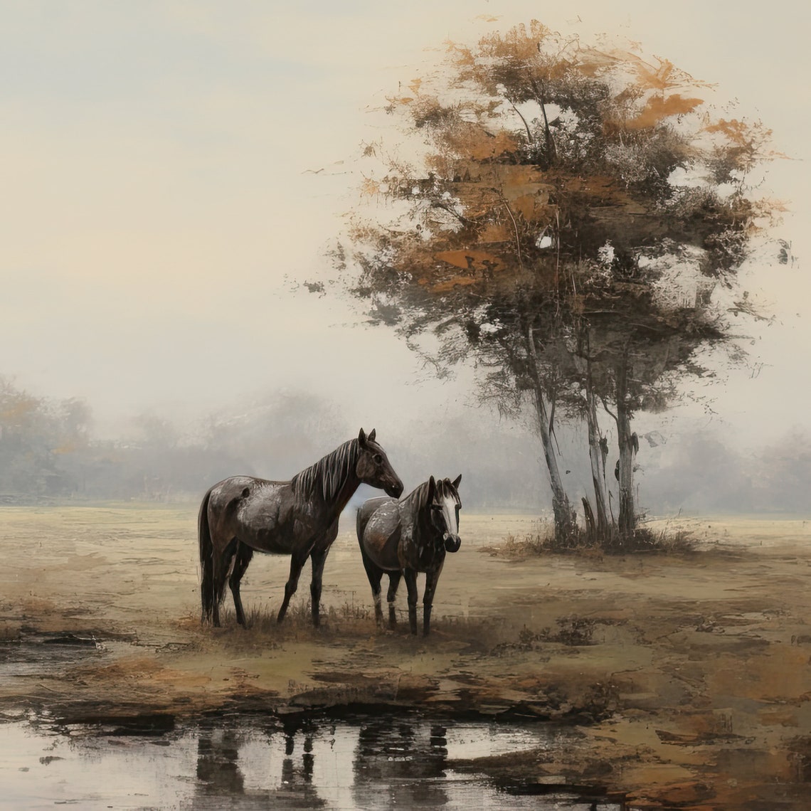 Horses in Misty Autumn Pasture Reflective Pond Moody Landscape Poster - Image 3