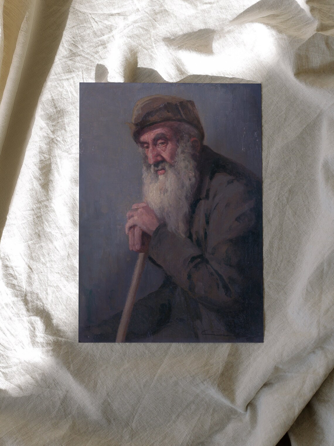 Portrait Of Bearded Old Man With Walking Stick Moody Vintage Art Poster - Image 2