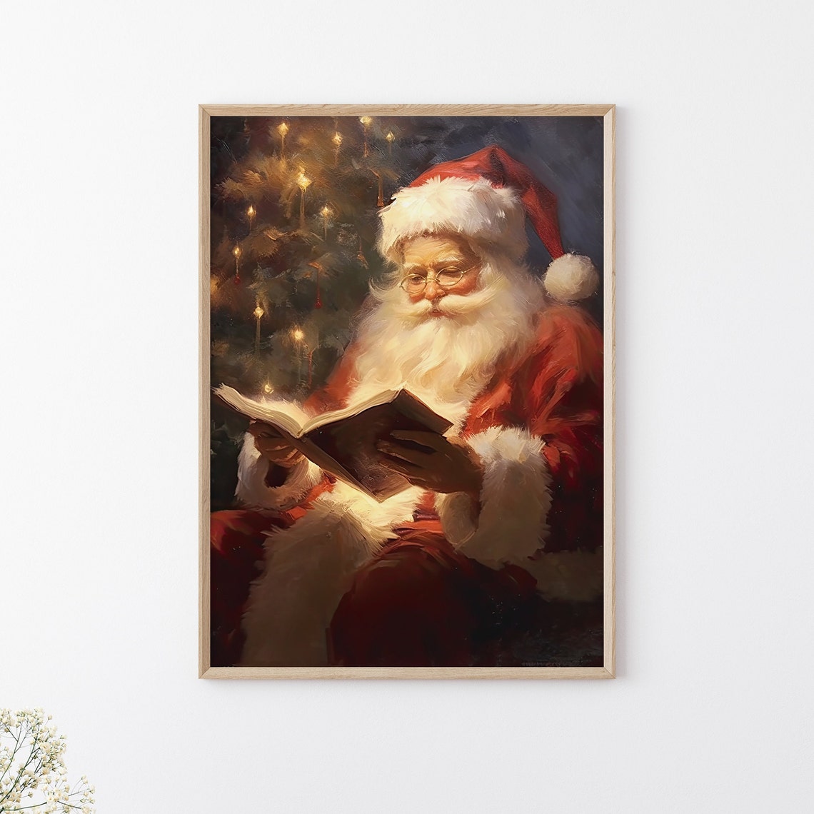 Vintage Painting Of Santa Claus Reading A Book Under Christmas Tree Cozy Christmas Wall Art Winter Holiday Print Holiday Season