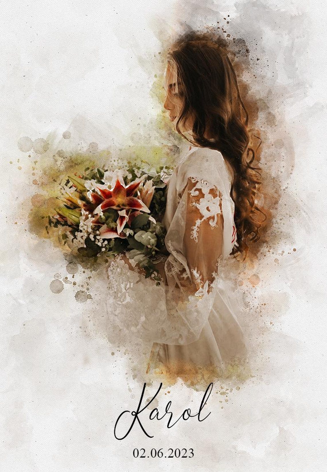 Custom Wedding Watercolor Couple Portrait Art Print - Image 2
