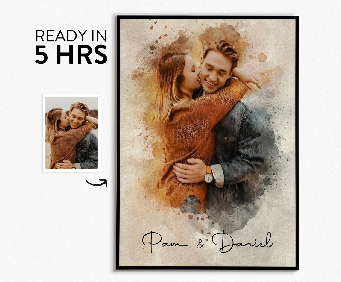 Custom Couple Portrait Watercolor Art Print, Valentine
