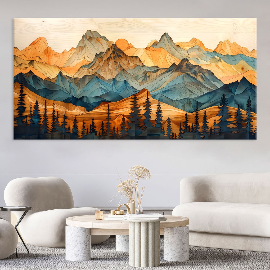 Geometric Blue Orange Mountain Layers White Sun Pines Art Poster
