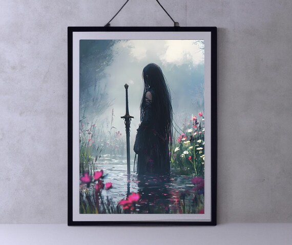 Female Knight Victorian Decor Dark Academia Print The Lake Goth Moody Wall Art Woman With Sword
