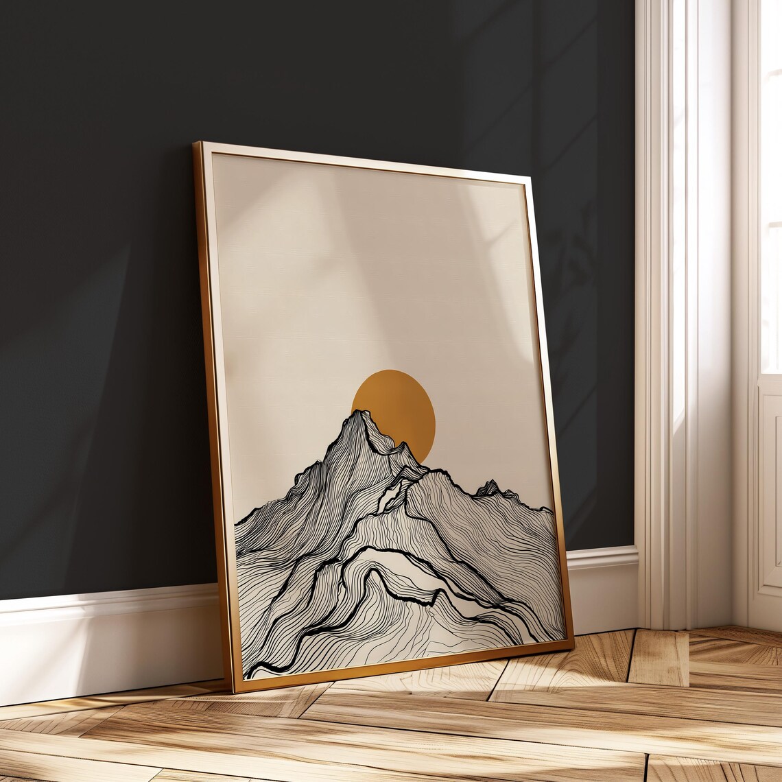 Japandi Sunset Mountain Art Bold Line Drawing Poster Minimalist