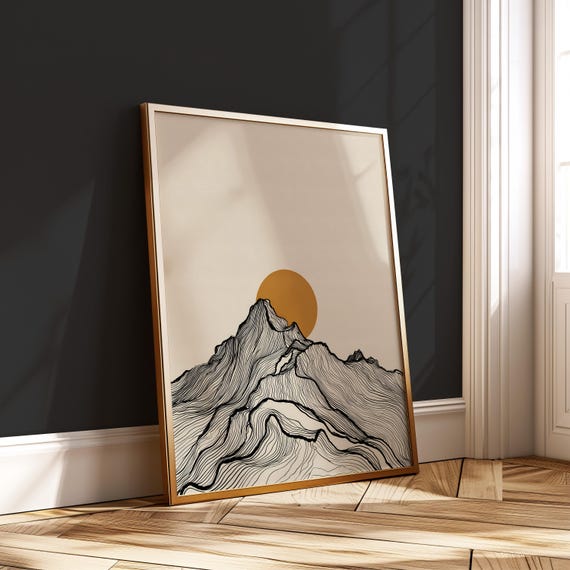 Japandi Sunset Mountain Art Bold Line Drawing Poster Minimalist