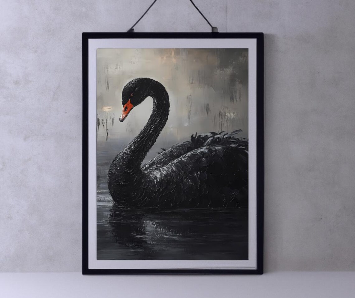 Black Swan Gliding On Dark Water Moody Oil Painting Art Poster