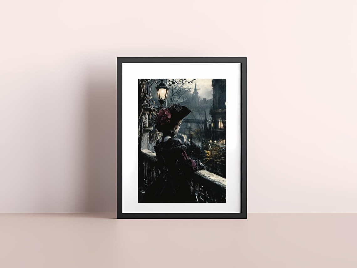 Victorian Woman Night Balcony Lamp Dark Romantic Cityscape Poster - Image 3