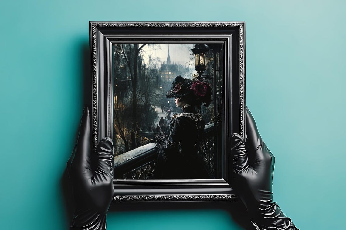 Elegant Victorian Lady Floral Hat Balcony Scene Dark Art Poster