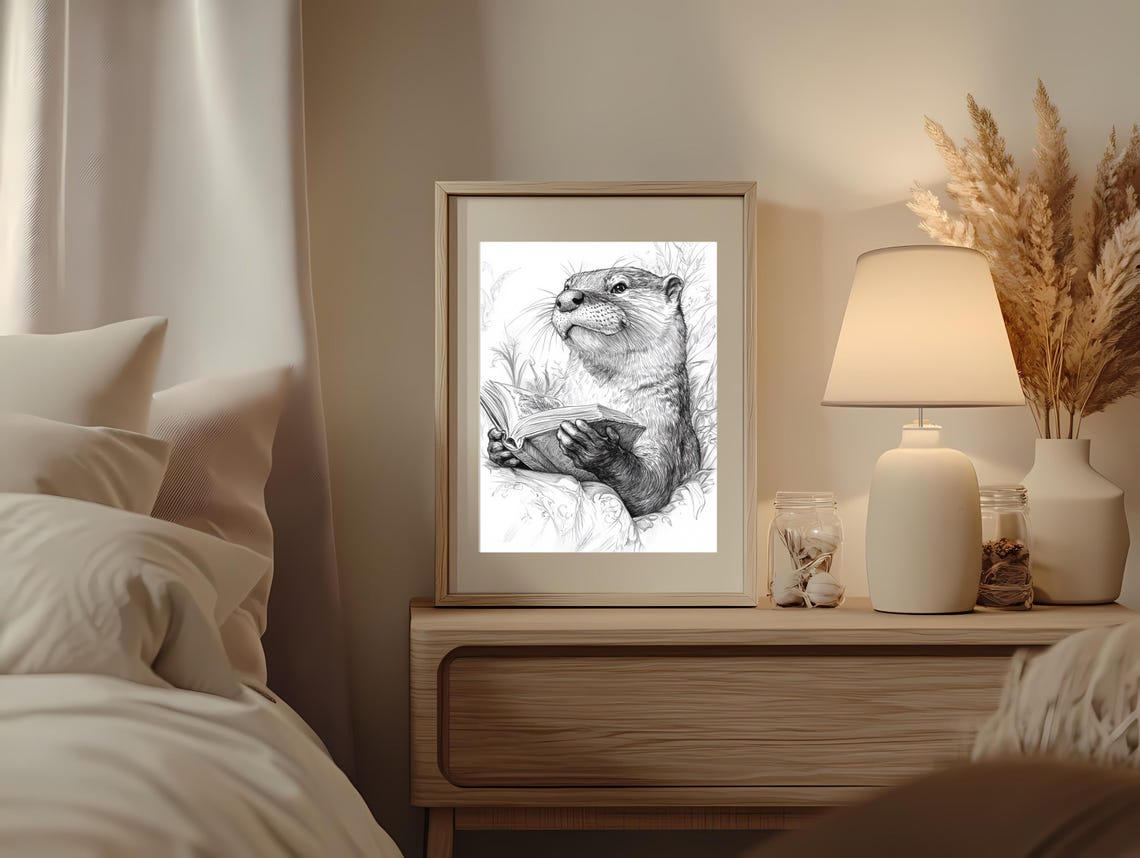 Elegant Otter Reading a Book in Black and White Line Art Poster - Image 2