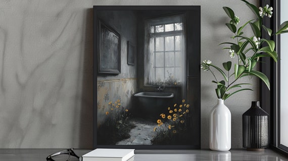 Abandoned Bathroom Art Print Yellow Flowers In Dark Moody Floral Decor Gothic Interior Accent
