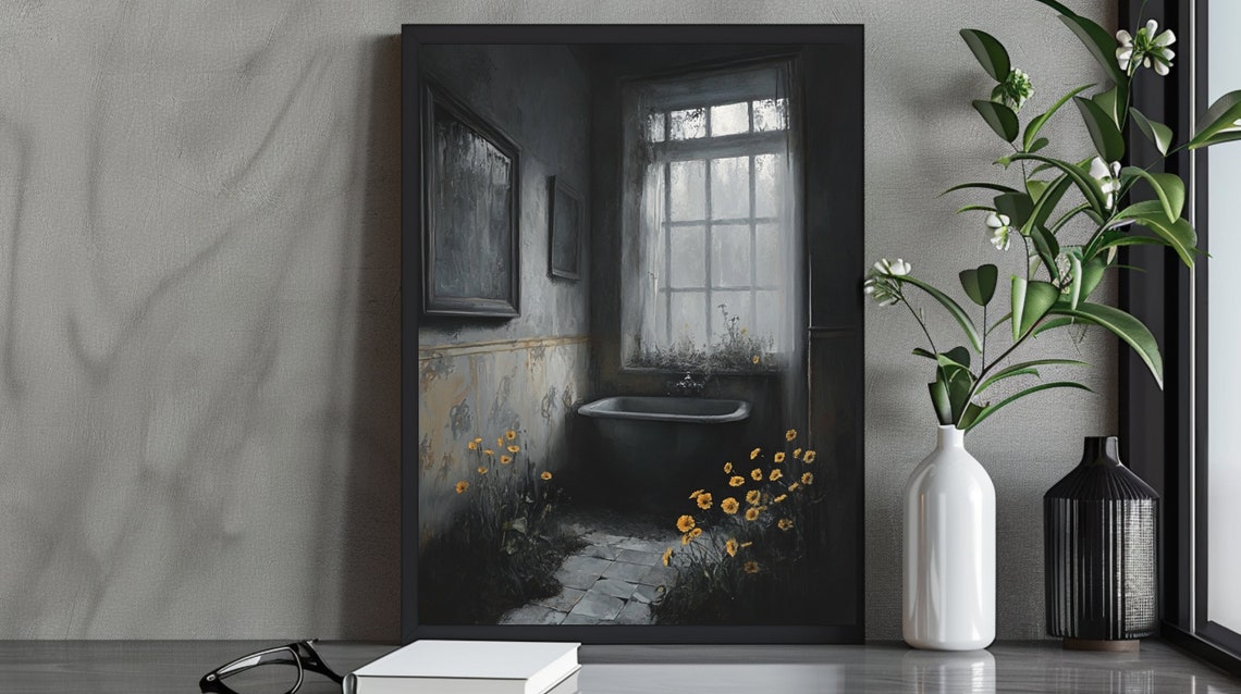 Abandoned Dark Bathroom With Yellow Wildflowers Moody Poster