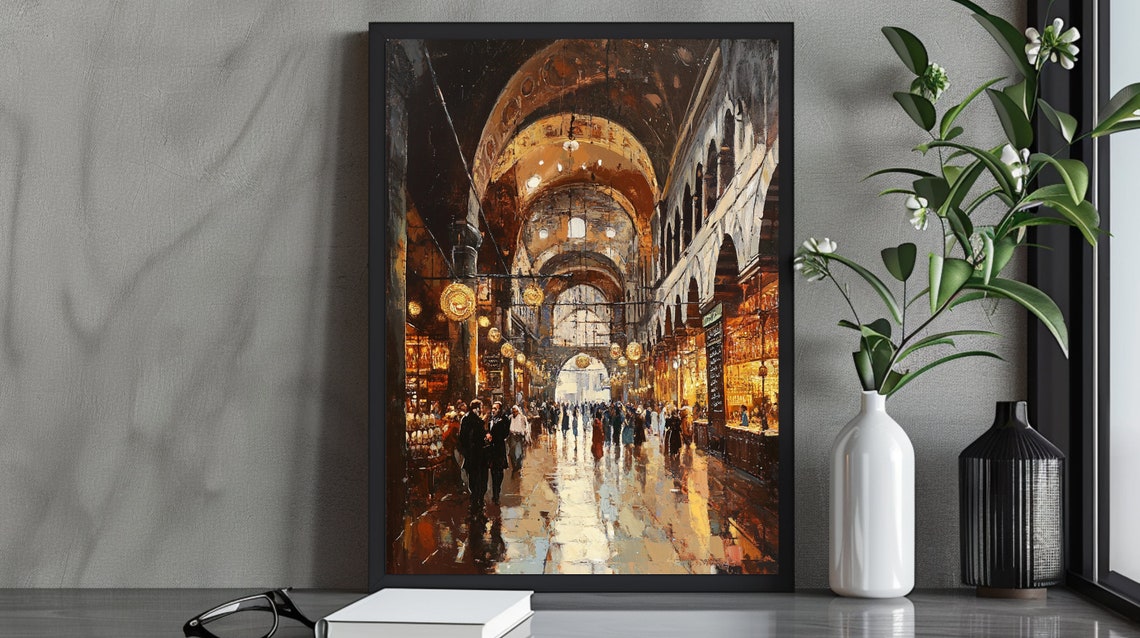 Golden Domed Market Hall with Evening Crowd Impressionist Art Poster
