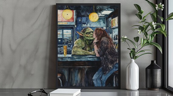 Orc Woman Fantasy Bar Scene Romantic Kiss Dark Whimsical Poster