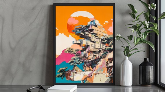 Retro Futuristic Architecture Art Print Sci Fi Landscape With Geometric Building Mid Century Modern Inspired Wall Decor Artwork