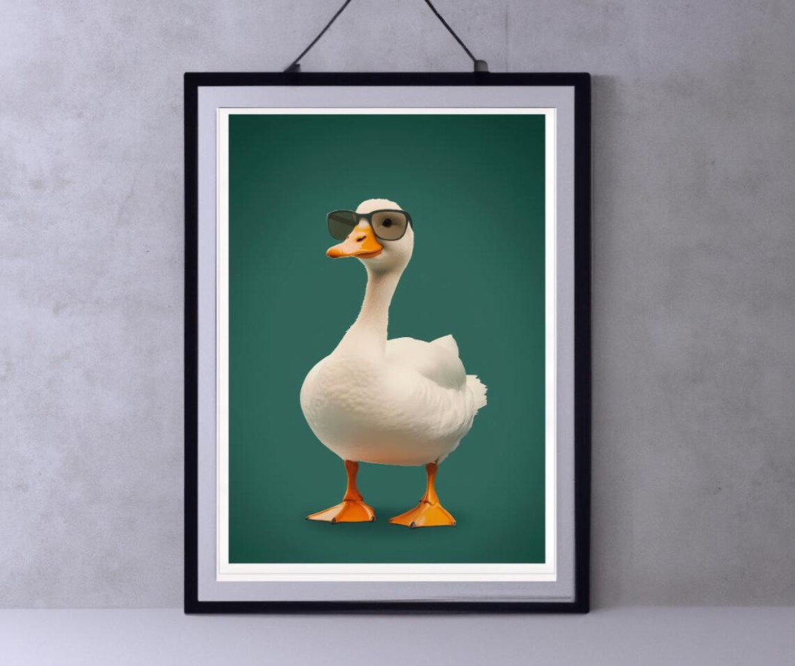 White Goose Wearing Sunglasses Pop Art Portrait on Green Poster