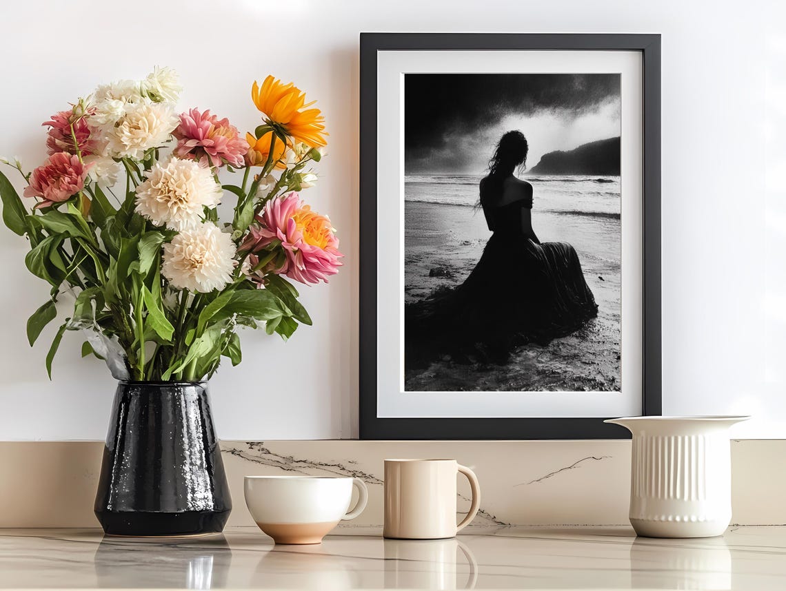 Silhouette Woman Long Dress Stormy Beach Black White Dramatic Poster - Image 2