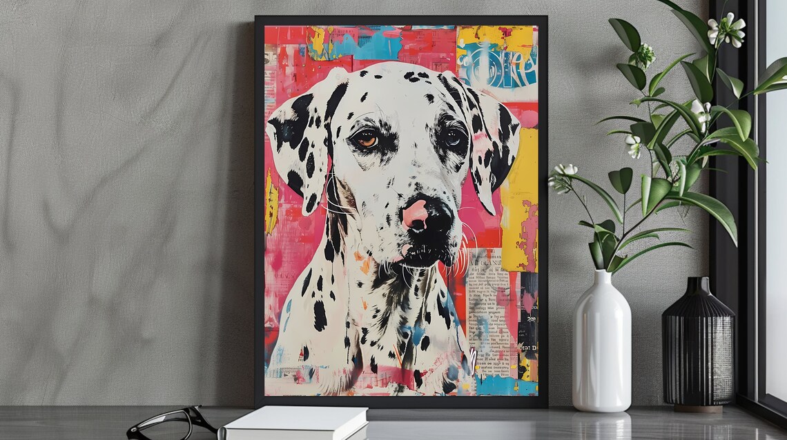 Colorful Pop Art Dalmatian Dog Portrait on a Collage Background Poster