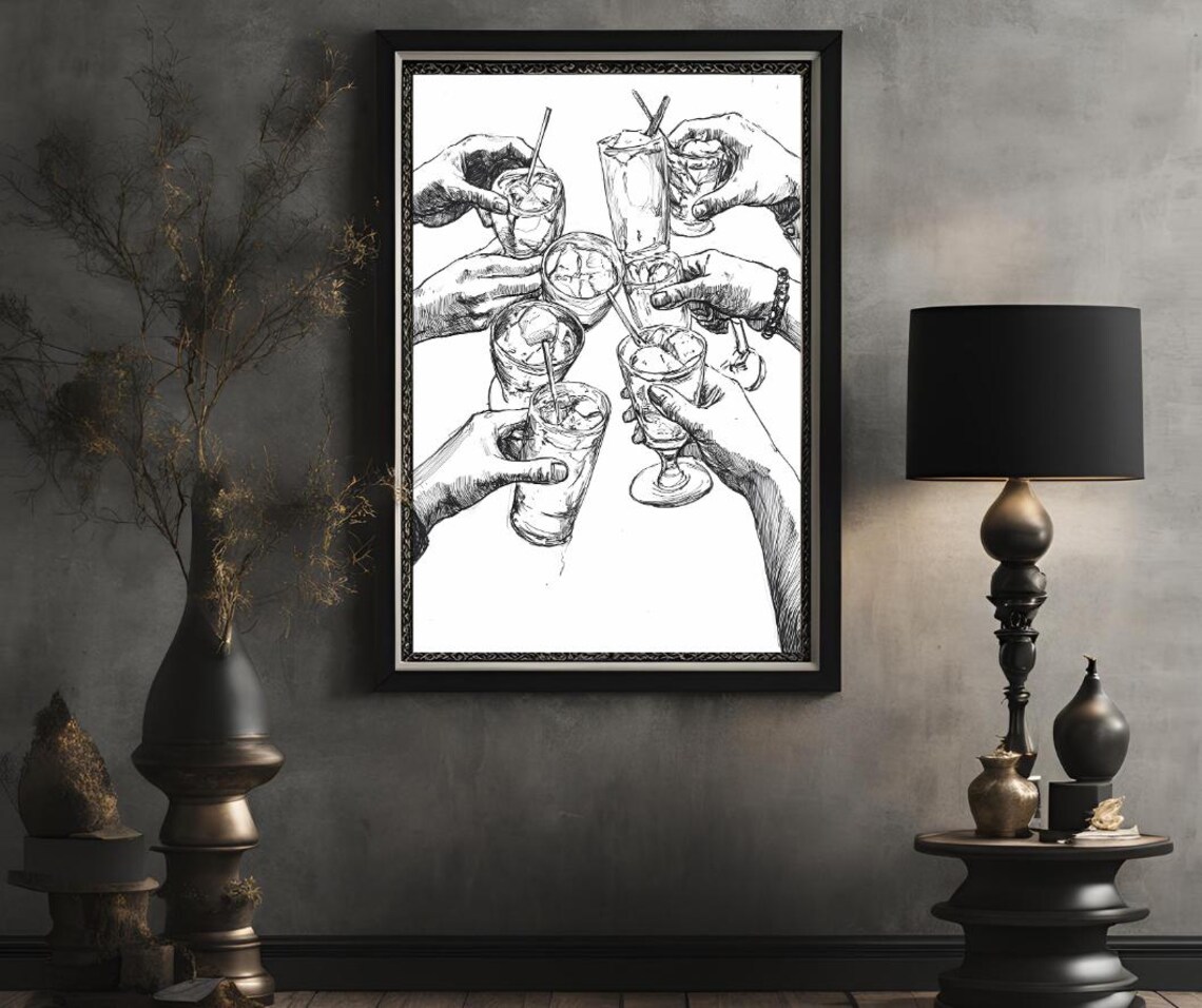 Cheers Line Drawing of Many Hands Toasting Cocktails Together Poster - Image 2