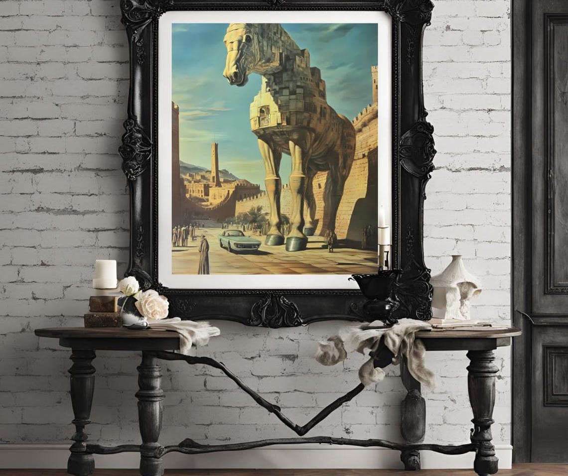 Giant Trojan Horse in a Surreal Ancient Walled City Art Poster - Image 4