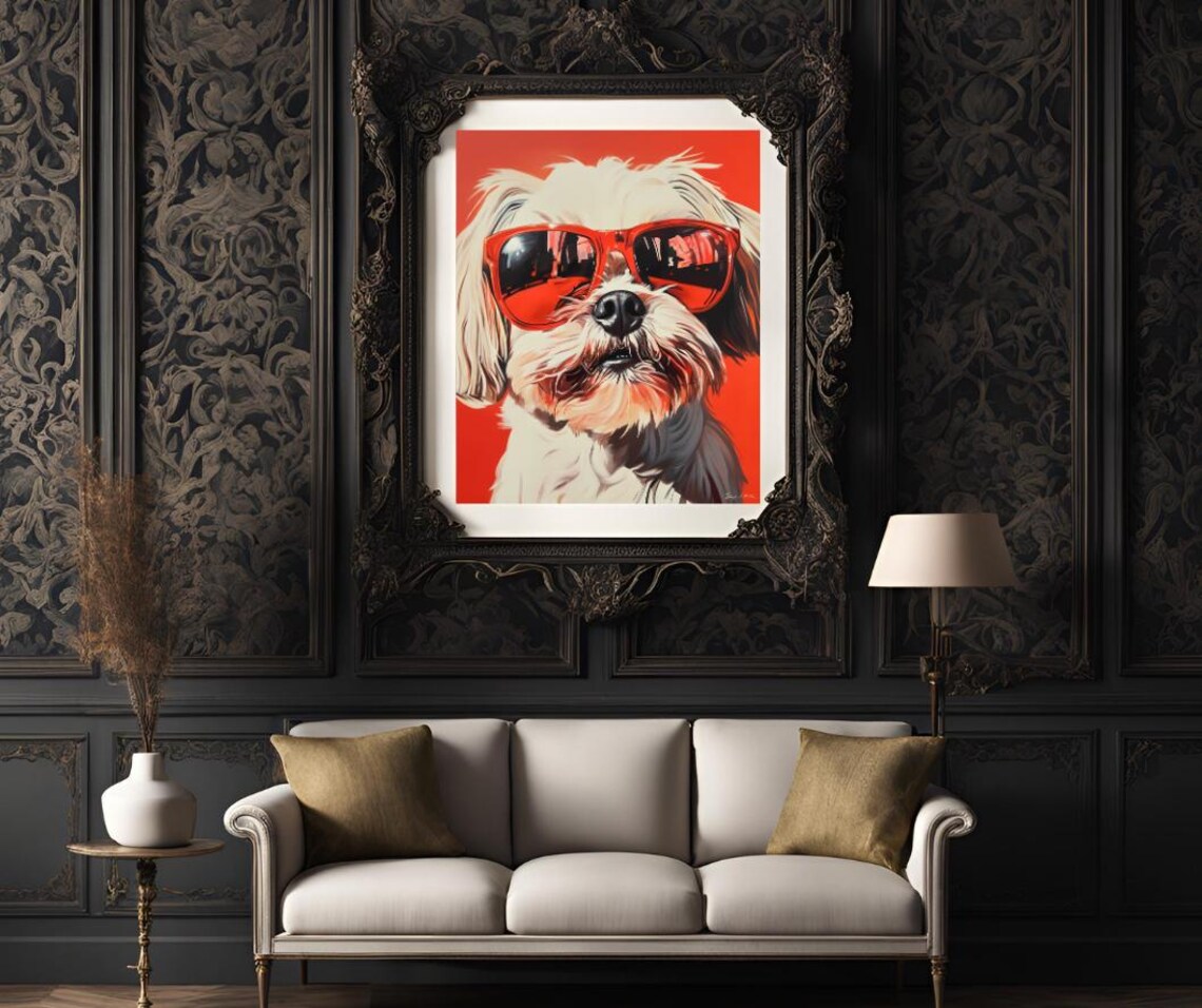 Fluffy White Dog in Oversized Red Sunglasses Pop Art Portrait Poster - Image 3