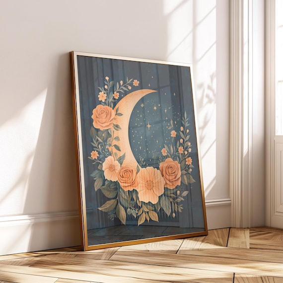 Boho Moon And Floral Print Mystical Night Sky Wall Art