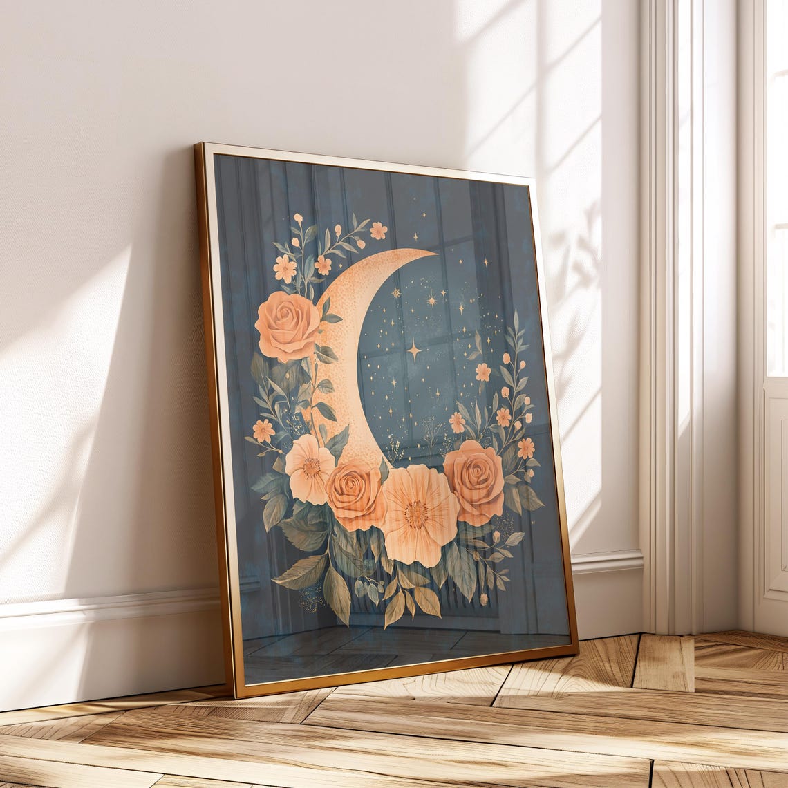 Boho Moon And Floral Print Mystical Night Sky Wall Art