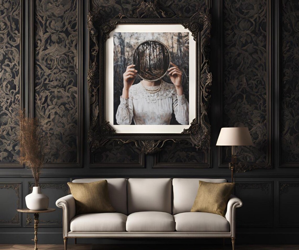 Eerie Victorian Woman Holding Round Mirror Reflecting Forest Dark Poster - Image 3