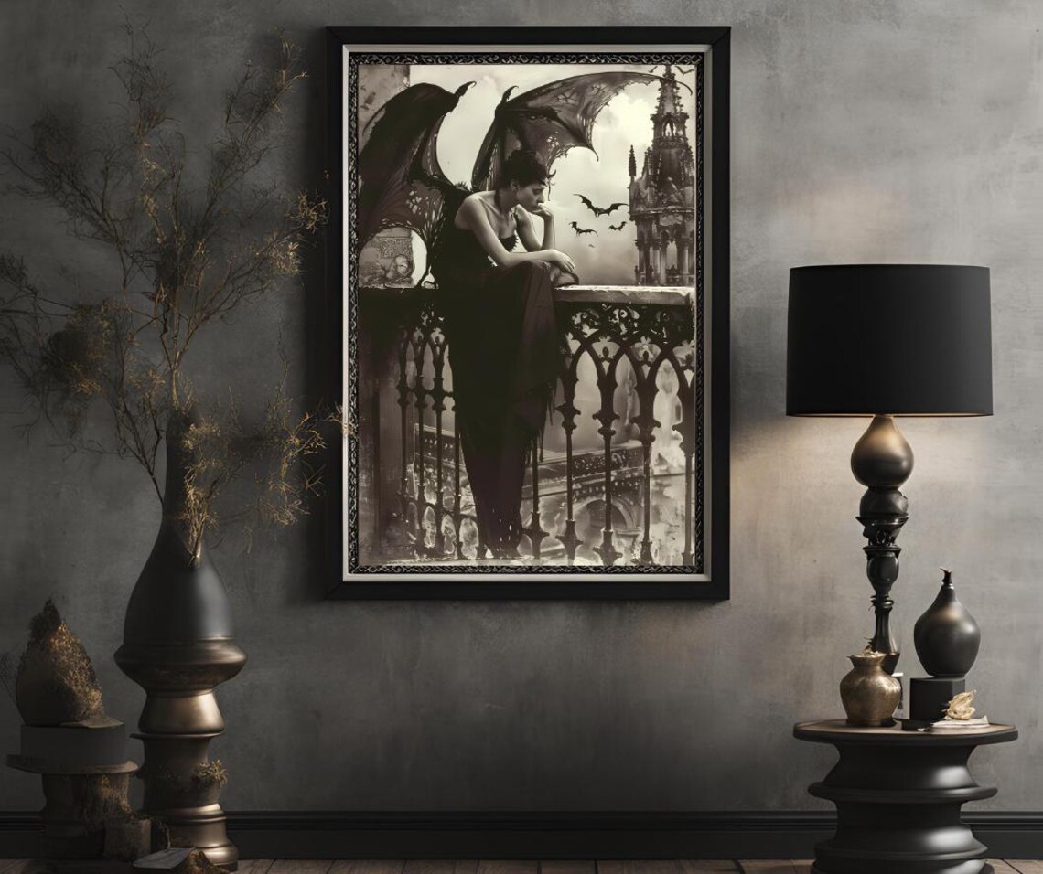 Dark Angel With Bats, Gothic Fantasy Art Print - Image 2