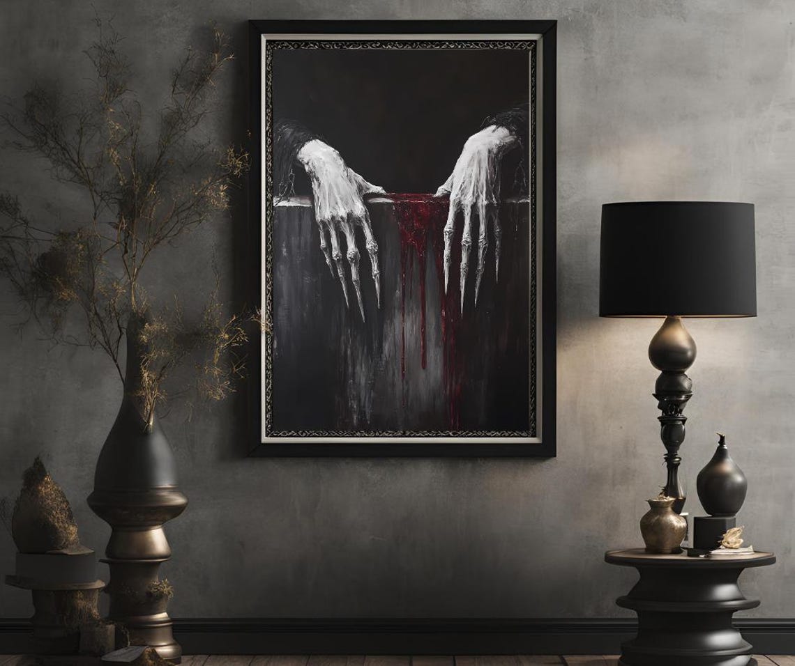 Pale Clawed Hands Gripping Dark Stone With Dripping Blood Poster - Image 2