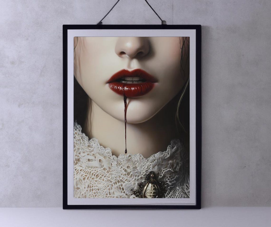 Dark Romance Gothic Vampire Woman Art Portrait Dark Moody Oil Painting Dark Academia Decor Blood Art Instant Print
