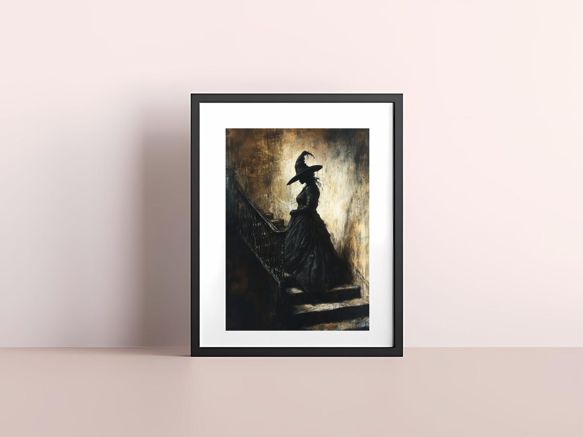 Dark Witch Silhouette Gothic Staircase Haunting Halloween Art Poster - Image 4