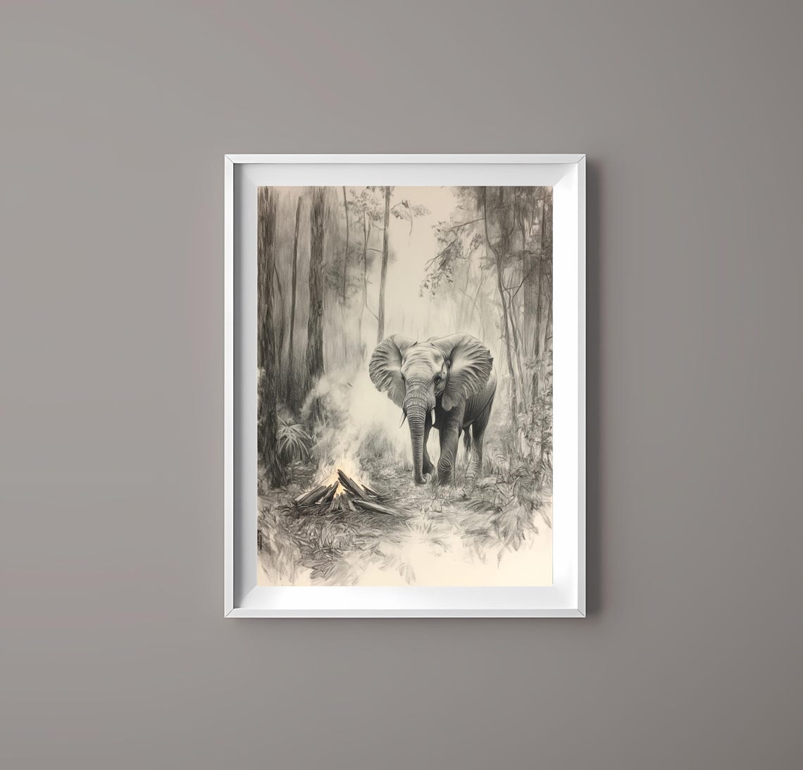 Serene Monochrome Elephant Walking in a Misty Forest Sketch Poster - Image 2