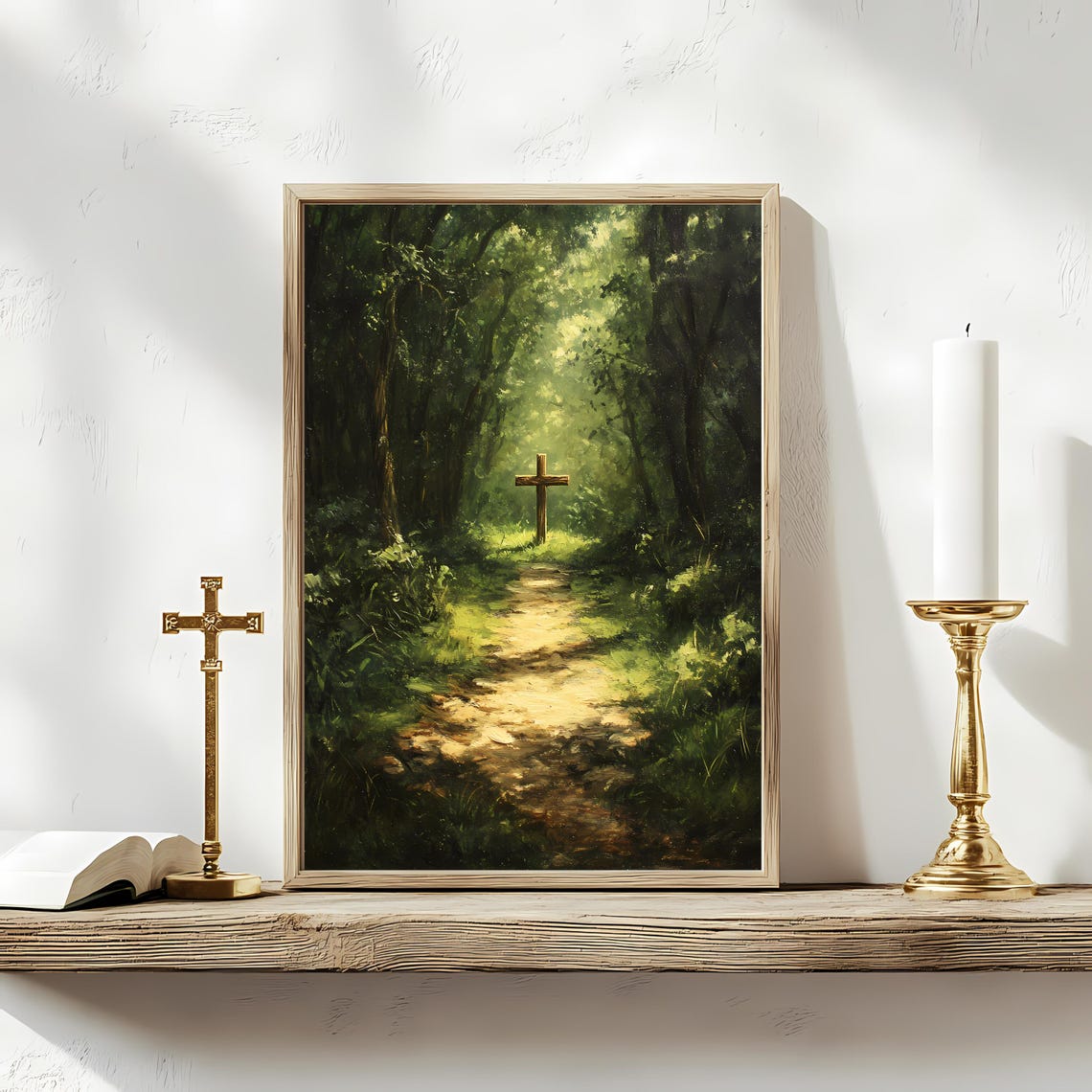 Sunlit Forest Path Wooden Cross Spiritual Landscape Christian Print
