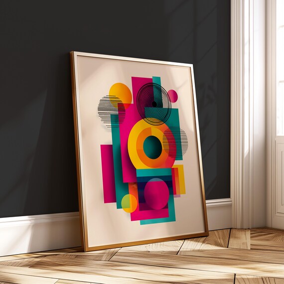 Bauhaus Geometric Circles Colorful Pink Teal Modern Art Poster