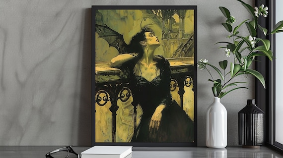 Gothic Winged Woman Art Print Dark Fantasy Portrait On Balcony Mysterious And Moody Wall Ethereal Decor