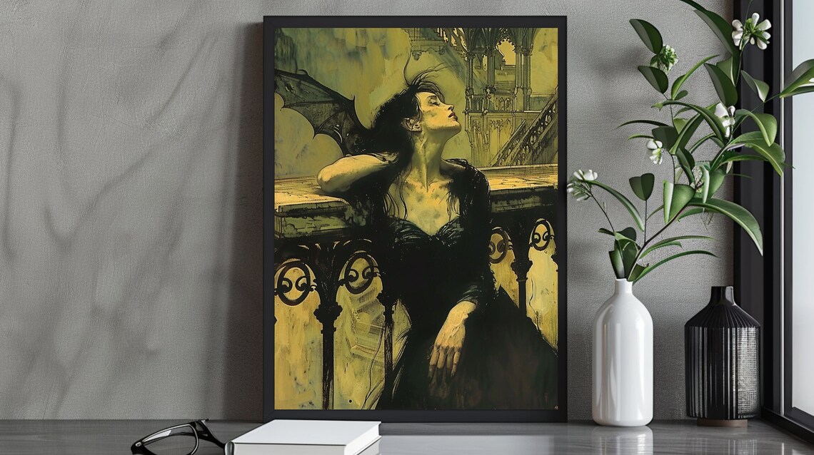 Gothic Winged Woman Balcony Dark Fantasy Ethereal Portrait Wall Art