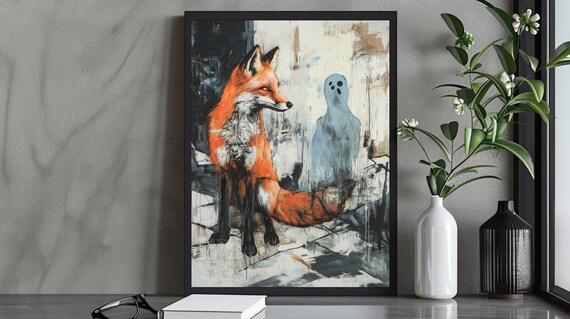 Red Fox Sitting with Blue Ghost Dark Abstract Animal Art Poster