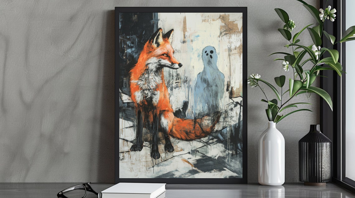 Red Fox Sitting with Blue Ghost Dark Abstract Animal Art Poster