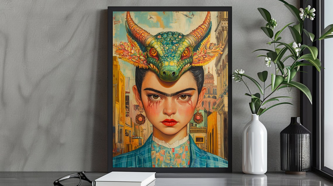 Surreal Frida Kahlo Inspired Dragon Headdress Portrait Art Poster