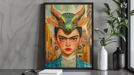 Bold Surreal Frida Kahloinspired Art Print Colorful Mexican Dragon Headdress Portrait Latin Fantasy Wall Cultural Decor