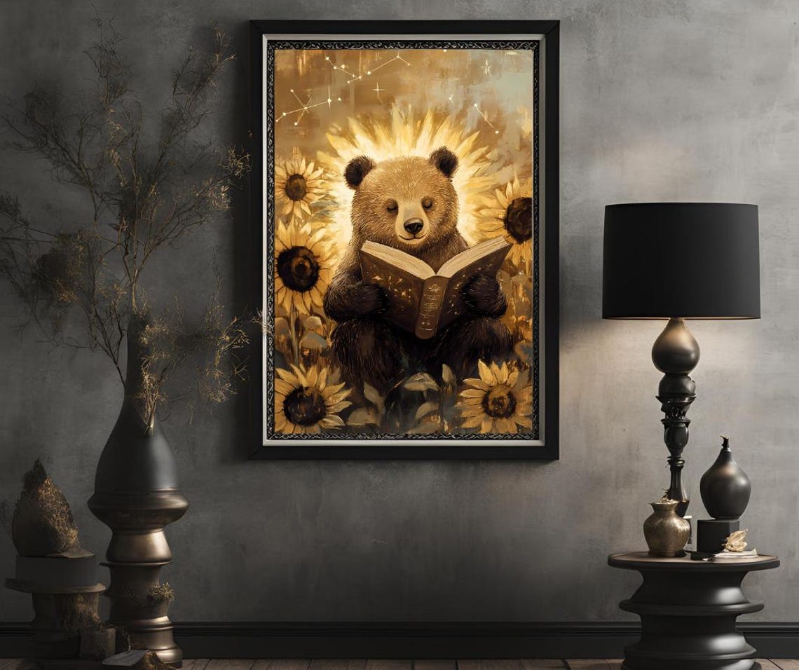 Cozy Bear Reading a Book Among Golden Sunflowers at Night Poster - Image 2