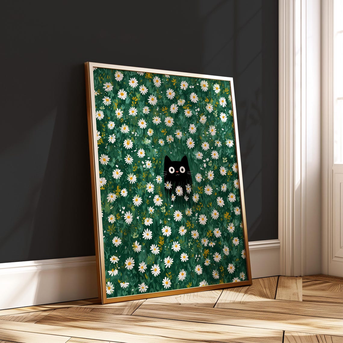 Cute Cat In Daisy Field Art Print Whimsical Wall Decor Boho Floral Poster