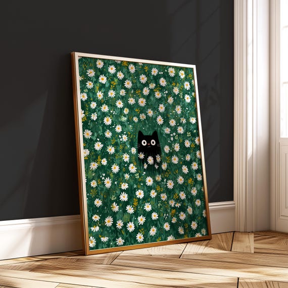 Cute Cat In Daisy Field Art Print Whimsical Wall Decor Boho Floral Poster