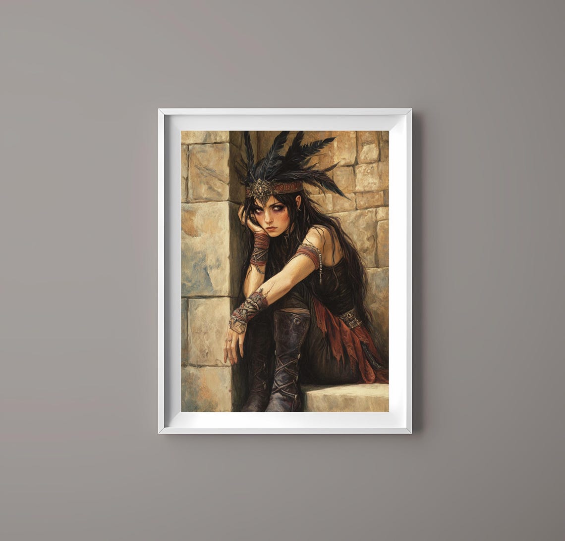Fantasy Warrior Woman with a Feathered Headdress on Stone Steps Poster - Image 4