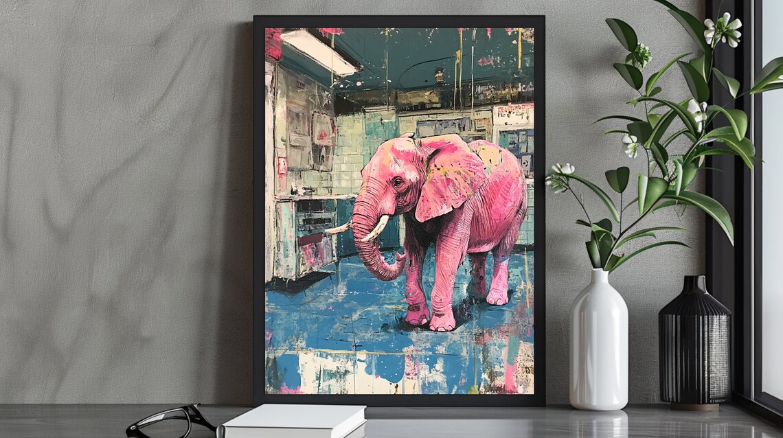 Playful Pink Elephant Urban Street Surreal Animal Art Poster
