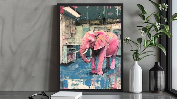 Playful Pink Elephant Urban Street Surreal Animal Art Poster