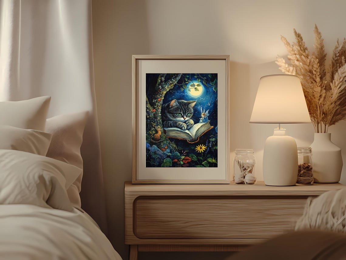 Tabby Cat Reading Book Under Full Moon With Fairy Magic Art Poster - Image 3