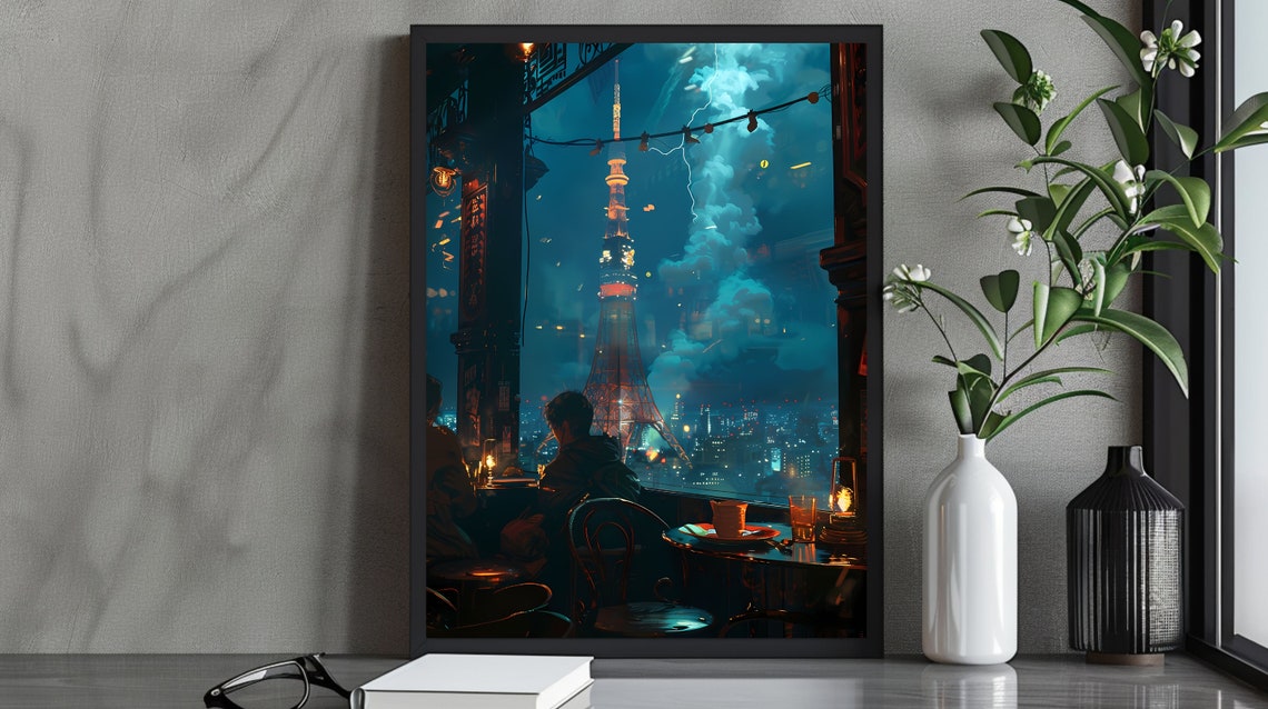 Tokyo Tower Glowing at Night Seen from a Cozy Cafe Terrace Poster