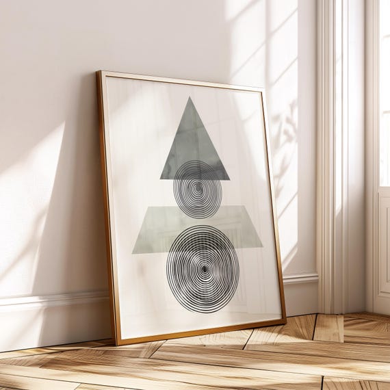 Modern Geometric Wall Art Abstract Triangle Circle Poster Sage Green Black Minimalist Print Instant Decor