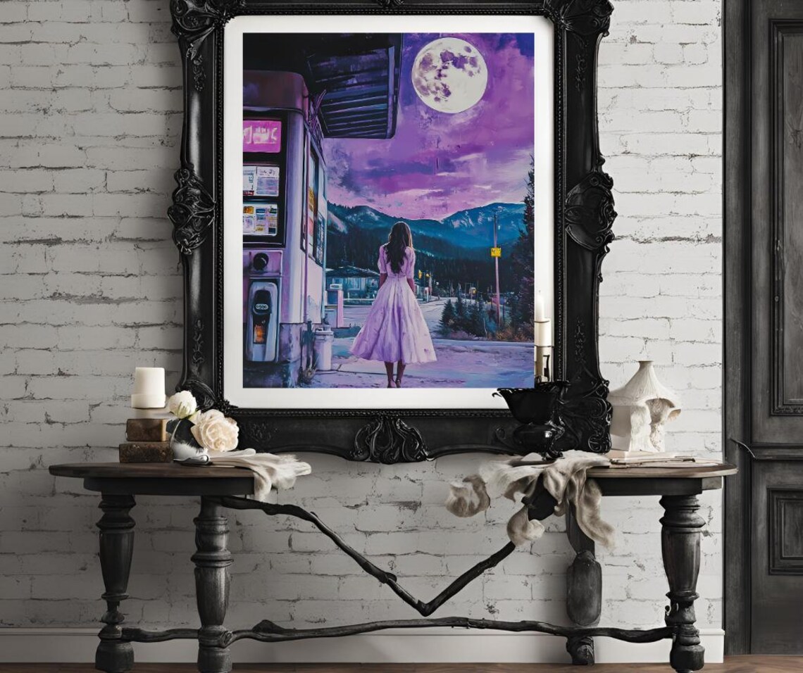 Woman at a Gas Station Under a Giant Full Moon Night Art Poster - Image 4